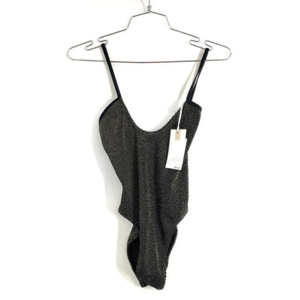 Good American Women's 00/0 Black‎ Gold Metallic Ribbed One‑Piece Swimsuit NWT